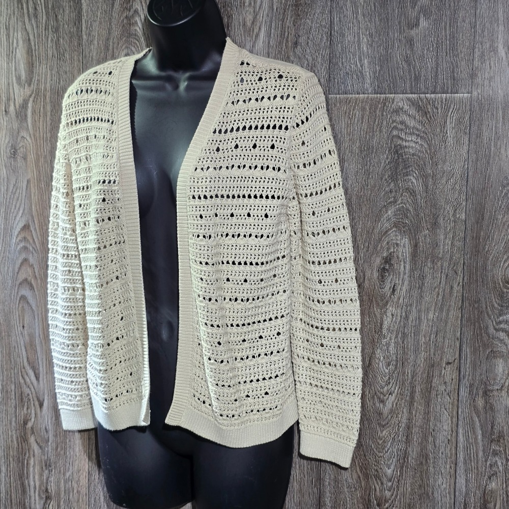 Ann Taylor Factory XS Open Knit Cardigan Sweater‎ Beige Cotton Blend Long Sleeve